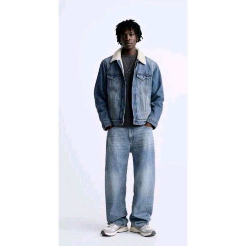 ZARA DENIM JACKET MEN FLEECE TRIM LARGE BLUE